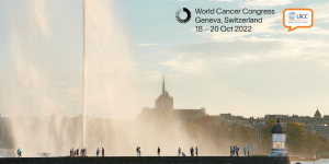 Image of the Jet d'eau, a landmark of Geneva, Switzerland, a global health hub, with the dates of UICC's 2022 World Cancer Congress, 18-20 October.