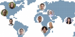 Recreated world map featuring the headshots of the ten new young cancer professionals who were selected to join UICC's new 2021-2022 cohort of Young Leaders